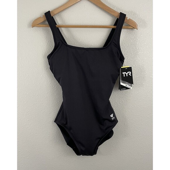 TYR Womens 6 Black Aqua Controlfit U Back Chlorine Resistant One Piece Swimsuit - Picture 1 of 8
